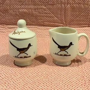Vintage Dobe of Arizona Sugar Bowl and Creamer  Roadrunner 3 pc Set